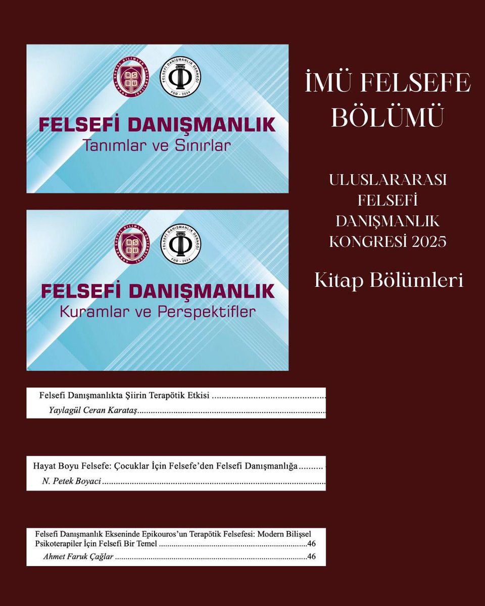 MedeniytFelsefe's tweet photo. Bölüm hocalarımızdan Ahmet Faruk Çağlar, Nihal Petek Boyacı ve Yaylagül Ceran Karataş “Felsefi Danışmanlık 
Tanımlar ve Sınırlar” (1.Cilt) “Kuramlar ve Perspektifler” (2. Cilt) 
Kitabında alana katkı sağlayan çalışmalarıyla yer almışlardır. https://t.co/662tSYqzYj