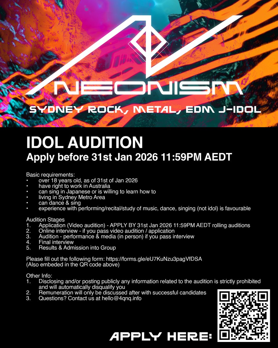 [IDOL AUDITION]
We're excited to announce the reboot of neonism. Join a new lineup and see new horizons here: 

forms.gle/eU7KuNzu3pagVf…

Apply before 31st Jan 2026 11:59PM AEDT

QUESTIONS? DM us here or contact us at hello@4qnq.info