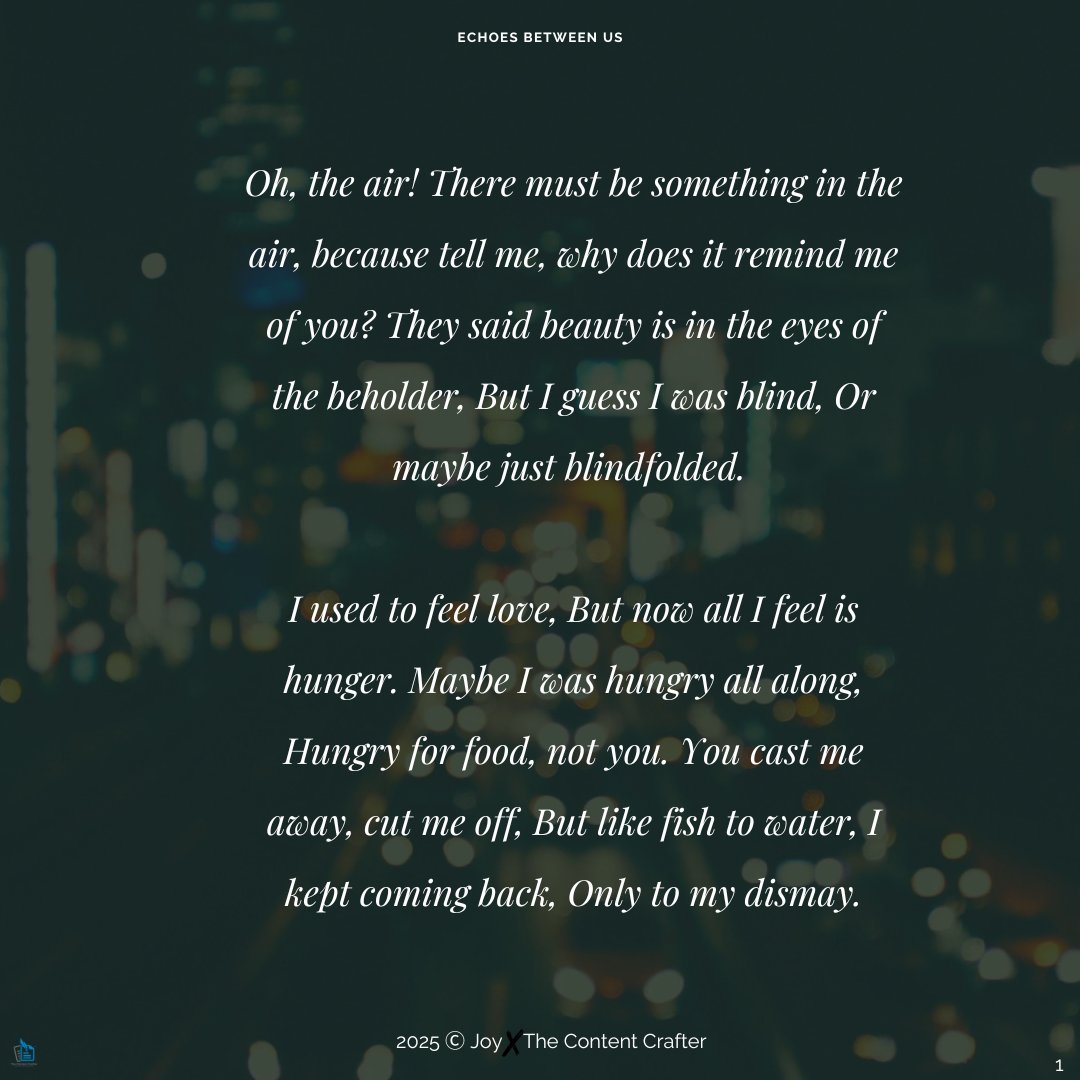 AYO_0309's tweet photo. This is how it begins. 😌
Echoes Between Us - Part 1.
The first voice in a conversation that didn’t end when the words did.
Two hearts. Two voices. One unfinished story.
Written in honesty, shared in pieces.
More echoes coming.
🤍 with Joy https://t.co/m4uht74AIU