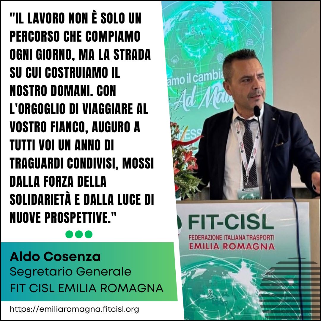 "Il lavoro è la strada su cui costruiamo il nostro domani." 
Il messaggio di Aldo Cosenza, Segretario Generale FIT CISL Emilia Romagna: un augurio di solidarietà e traguardi condivisi per tutti i lavoratori del settore trasporti. 🤝🇮🇹
#Fitcislemiliaromagna #Lavoro #Sindacato