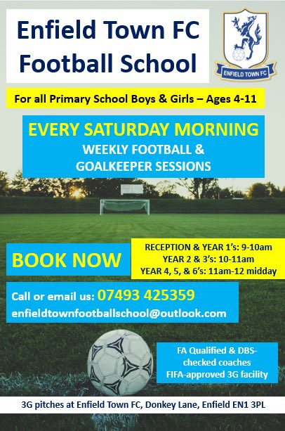 fc_enfield's tweet photo. ENFIELD TOWN FC FOOTBALL SCHOOL SESSIONS

We are back this Saturday the 3rd of January for a new fun filled 13 weeks of football/goalkeeping activities for boys/girls aged 4+

For more details email enfieldtownfootballschool@outlook.com or call 07493 425359 https://t.co/7WMI97qUzS