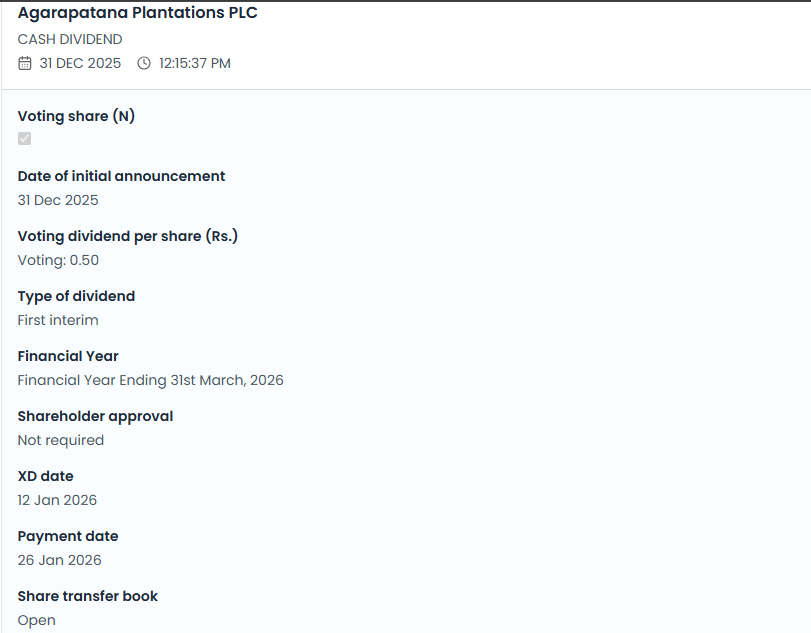 AGARAPATANA PLANTATIONS PLC

CASH DIVIDEND
