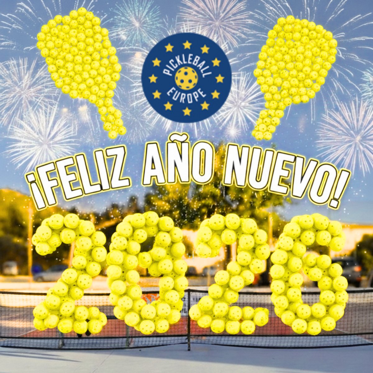 PickleballClub_'s tweet photo. 🎆 ¡Adiós 2025, hola 2026! 🥂

Todo el equipo de Pickleball Europe os desea un feliz y próspero año nuevo. Que este 2026 nos traiga menos errores no forzados y muchas más alegrías compartidas. ¡Nos vemos en la cocina! 🎾🔥 https://t.co/5MI5hdILf0