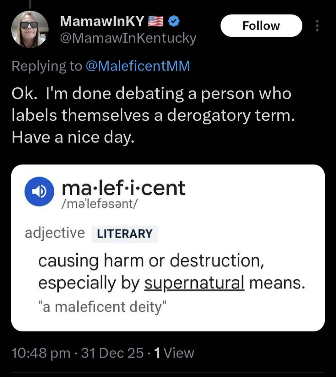 MaleficentMM's tweet photo. @MamawInKentucky Complains about not being judgmental then does this judging me. What a massive hypocrite who when presented with actual facts decides to just deflect repeatedly instead of actually owning her viewpoint. Enjoy "thinking better". https://t.co/jQcybw3Izn