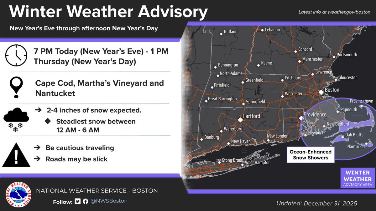 [Accumulating Snow Overnight] ❄️We will see some light snow to ring in the New Year!🎉
Snow develops tonight between 10  pm and 2 am and ends early Thu am. Accumulations will generally be a coating up to 2 inches...except 2-4" for the Cape and Islands.