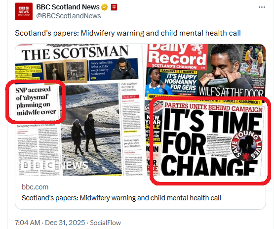 BBC Scotland ends 2025 peddling more BritNat front pages. It's going to get worse in 2026 as this institutionally corrupt organisation gets more and more desperate as the Holyrood election approaches.