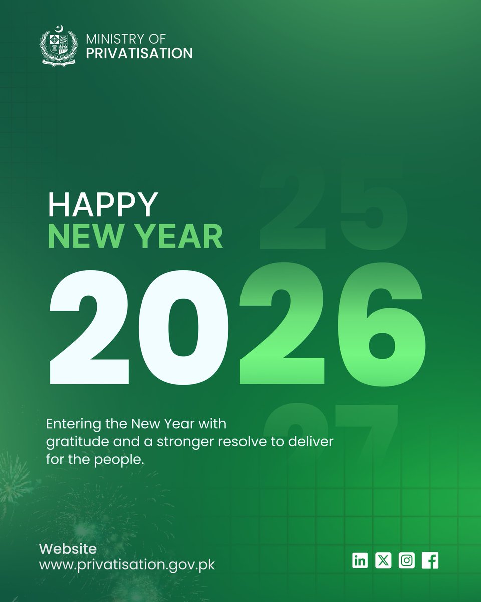 PrivComPakistan's tweet photo. Happy New Year 2026! 🇵🇰
Entering the new year with gratitude and a stronger resolve to deliver for the people.
https://t.co/84NmfWeJ9D
#HappyNewYear2026 #Pakistan #PublicService #Governance #Transparency #PublicValue https://t.co/05ocBdGR6L