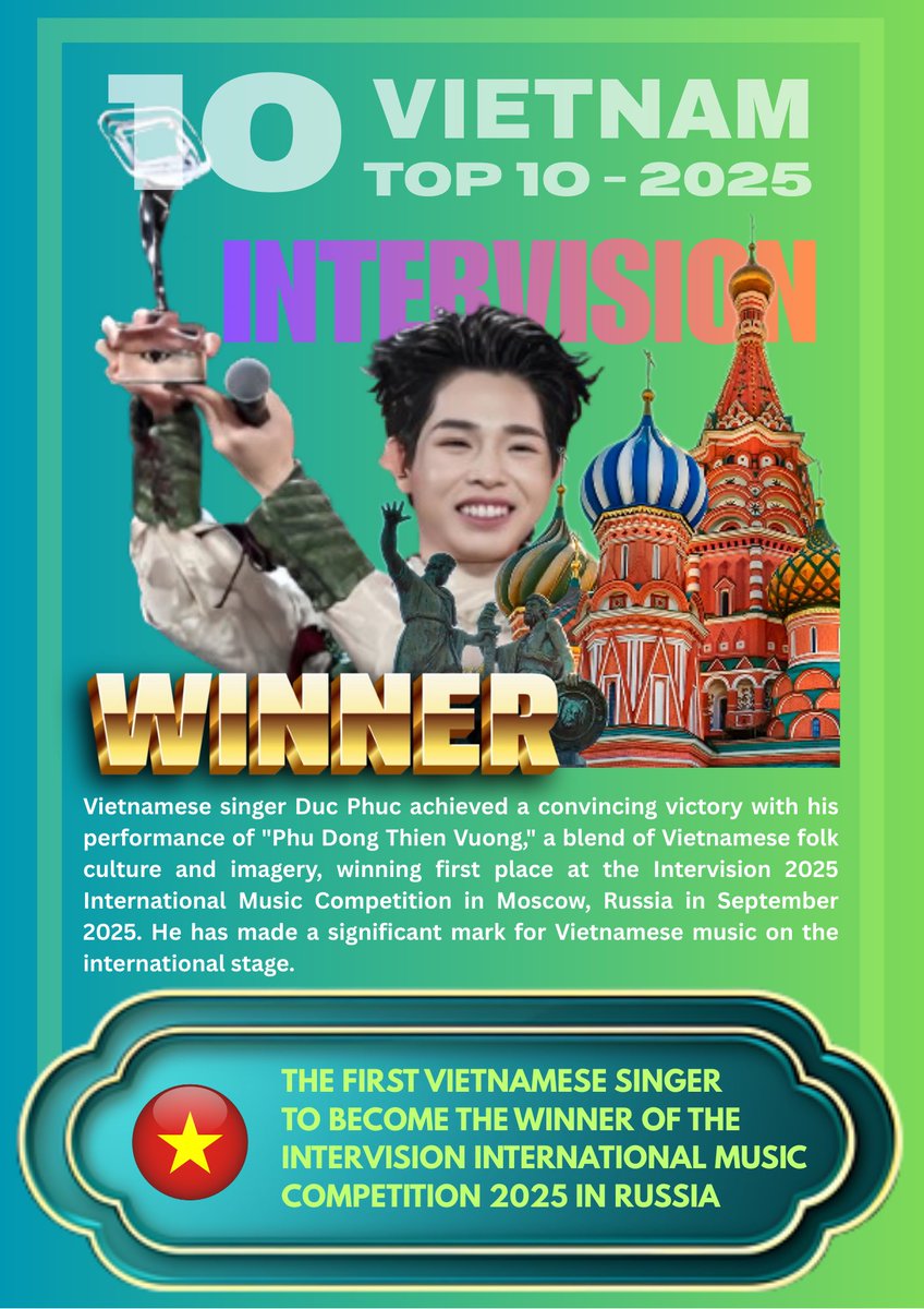 justtodo18's tweet photo. 🇻🇳 VIETNAM - 10. THE FIRST VIETNAMESE SINGER
TO BECOME THE WINNER OF THE INTERVISION INTERNATIONAL MUSIC COMPETITION 2025 IN RUSSIA
September 2025.
#Vietnam #integration #development
#2025outstandingevents
#Intervision #Moscow #Russia https://t.co/7cxPwEgTDi