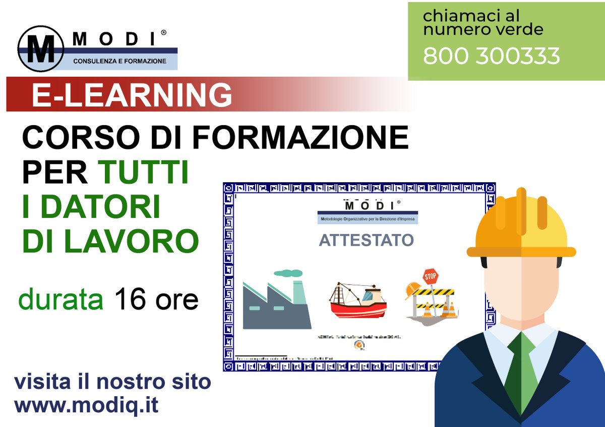 MODIQ's tweet image. Con l’entrata in vigore del Nuovo Accordo Stato Regioni, i #Datori di #Lavoro devono affrontare un percorso formativo di 16 ore. 

Non si tratta di un mero obbligo, ma di un investimento per acquisire competenze su prevenzione e gestione dei rischi. 

Chiama MODI SRL! 

#corsi