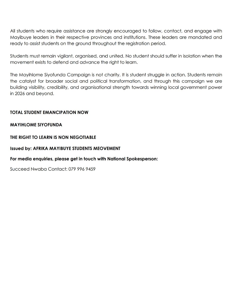 OfficiallMSM's tweet photo. On the ground. In the struggle. With the students.
Mayihlome Siyofunda Campaign in action 
Education is a right. Not a favour!!! 
#MayihlomeSiyofunda2026
#TotalStudentEmancipationNow https://t.co/iAH6nqbVC8
