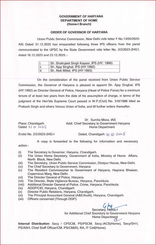 sushilmanav's tweet photo. Haryana govt appoints senior IPS officer Ajay Singhal as the new Director General of Police. He succeeds O.P. Singh, who retired today on superannuation.
#Haryana #HaryanaPolice #DGP #AjaySinghal #IPS #OPSingh #LawAndOrder https://t.co/0HvoNEYFR3