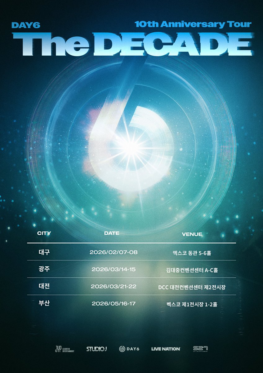 day6official's tweet image. DAY6(데이식스) 10th Anniversary Tour &amp;lt;The DECADE&amp;gt; 
Additional Show Info

☑ TICKET OPEN

📍대구
팬클럽 선예매
2026년 1월 9일 (금) 20:00-23:59 (KST)
일반예매
2026년 1월 13일 (화) 20:00~ (KST) 

📍광주
팬클럽 선예매
2026년 1월 27일 (화) 20:00-23:59 (KST)
일반예매
2026년 1월 28일…