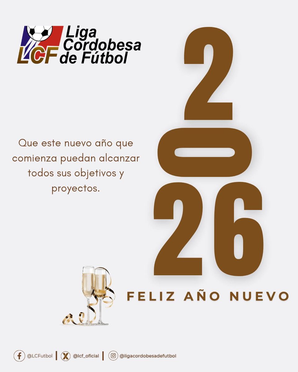 🎉⚽ La Liga Cordobesa de Fútbol saluda a todos los clubes, deportistas, dirigentes, árbitros, colaboradores y familias que forman parte de nuestra gran comunidad.
Que el 2026 nos encuentre unidos, con salud, trabajo, respeto y más pasión por el fútbol.🙌🏟️