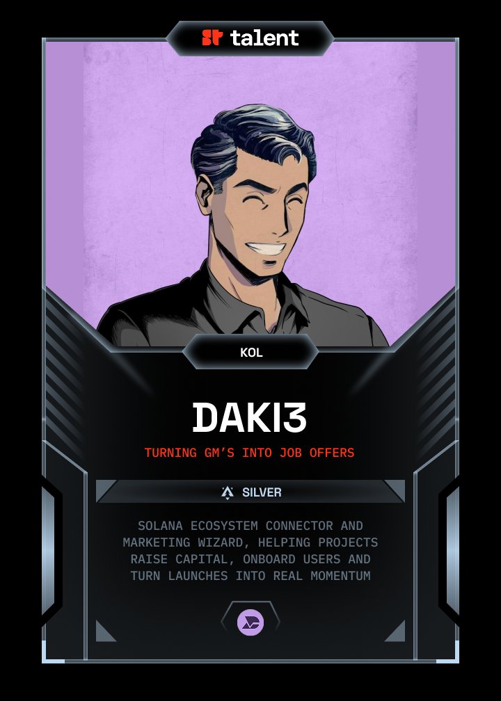 SuperteamTalent's tweet photo. I. @NftDaki 

Solana ecosystem connector and marketing wizard, helping projects raise capital, onboard users and turn launches into real momentum

Community: @dakiverse https://t.co/oeAL486fYe