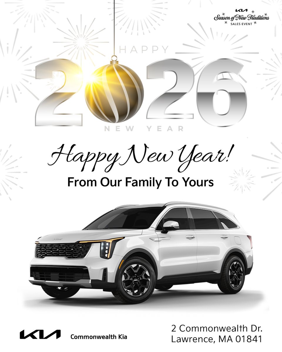 CMKIA_'s tweet image. Happy New Year! 🎉 There’s no better time for a new ride. Sales only are open today from 11–5, so stop in and take advantage of Year End Savings to start 2026 right.
New year. New Kia.
commonwealthkia.com
#NewYearNewRide #KiaDeals #LawrenceMA #ShopUsLast
