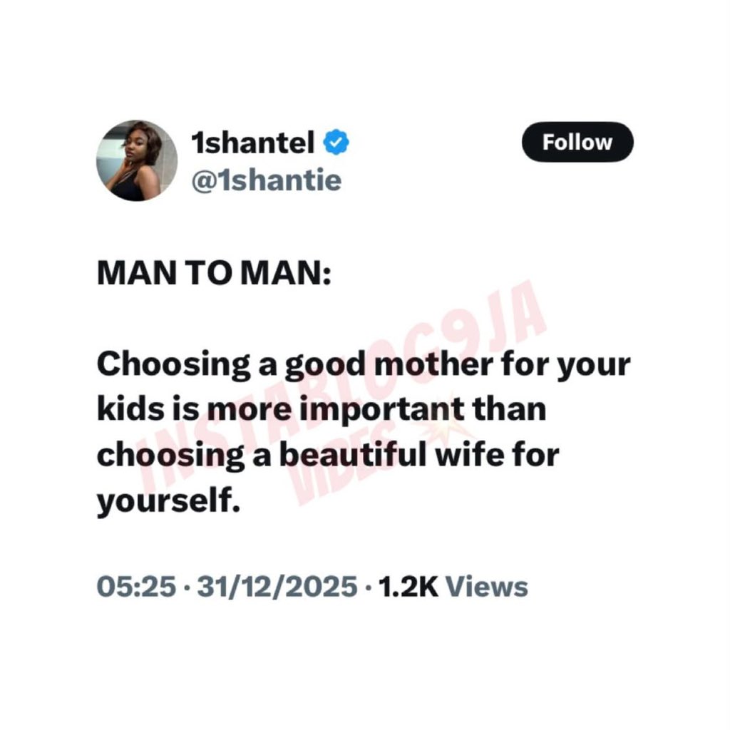 instablog9ja's tweet photo. “Choosing a Good Mother Matters More Than Beauty” — Man-to-Man Advice Sparks Marriage Values Debate 💍🧠 https://t.co/5S9nQb8ozl