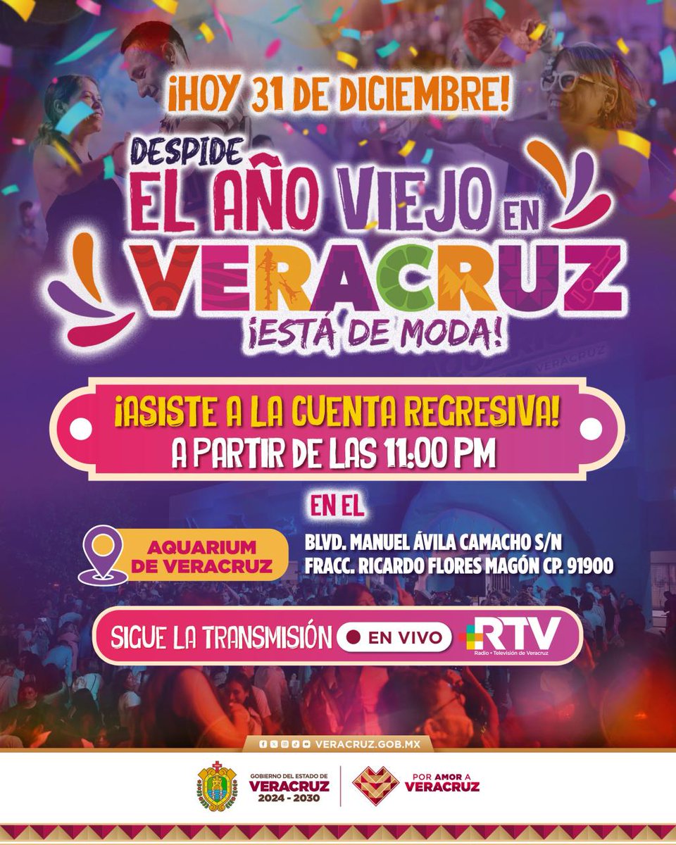 ¿Ya tienes listos tus 1⃣2⃣ deseos?

Nos vemos frente al Aquarium para la cuenta regresiva ⏰ más esperada y pasarla increíble despidiendo El Año Viejo.

¡Empecemos el 2026 en el Puerto de Veracruz, donde siempre hay alegría 🎆🎊!
#VeracruzEstáDeModa ✨