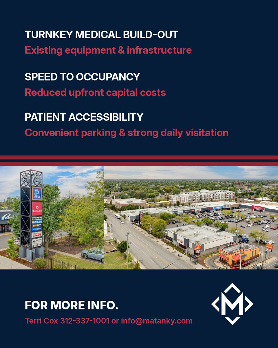Fully built-out 5,590 SF medical/clinical space available at Chicago Kedzie Plaza. Unit #104 offers exam rooms, treatment areas, support space, high visibility, and ample parking. Join tenants like Five Below, Chase, and Burlington. Call 312-337-1001. #ForLease #CRE #Chicago