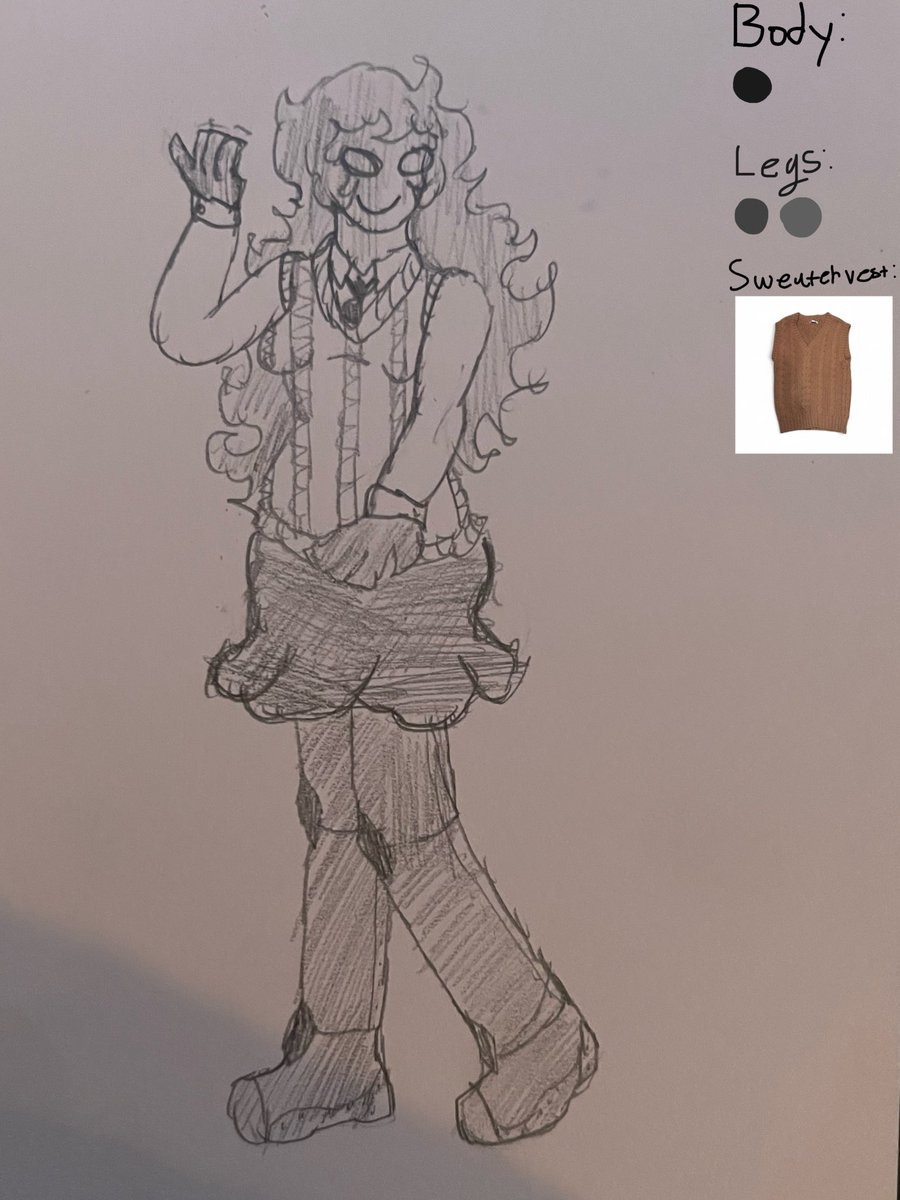 MaddyTheSadOne's tweet image. Another A-120 doodle with some color theory for her. Her long sleeve suit and tie is just white and black - also I lazy to color pick from the photo for the sweater vest, so take the photo as a ref. Also, her skirt is lightish black ^_^.

#roomsroblox #A120
