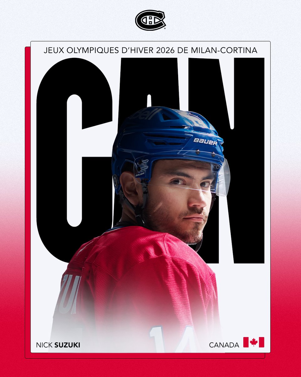 Nick Suzuki fera partie d'Équipe Canada aux Jeux olympiques d'hiver 2026 de Milan-Cortina! 🇨🇦

Nick Suzuki has been named to Team Canada for the Olympic Winter Games Milano Cortina 2026. Congrats, Suzy!

#GoHabsGo
