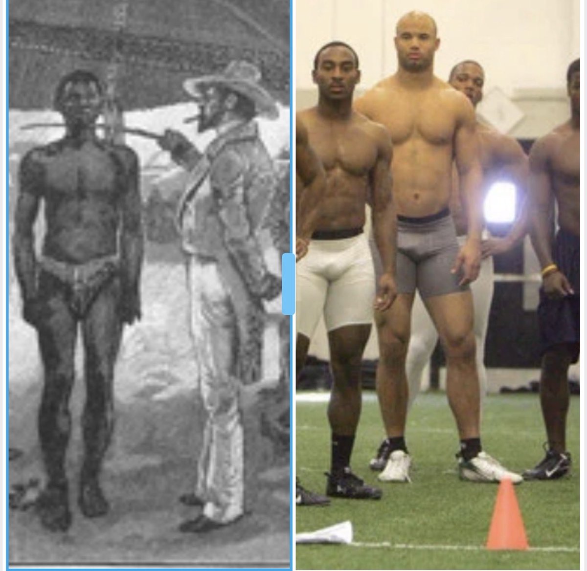 hovah76's tweet image. I had the opportunity to attend the NFL combine for the first time in 2019, as my nephew was to be drafted that year.

I sat watching from the audience as dozens of young black males were stripped down to their underwear, and walked out on stage before a live audience so that the…