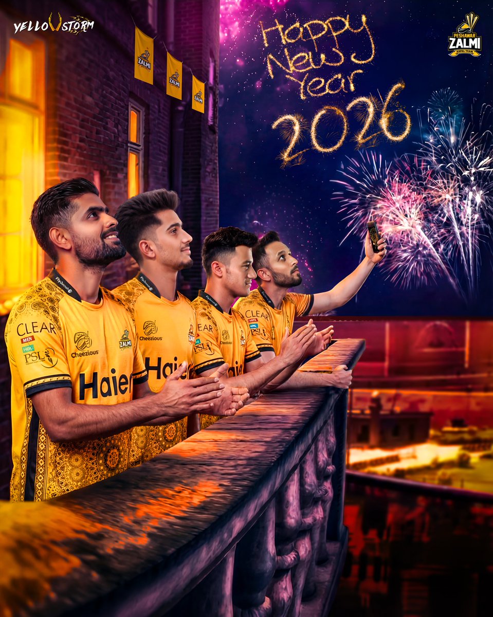 PeshawarZalmi's tweet photo. Happy New Year greetings from Zalmi family 💛

May 2️⃣0️⃣2️⃣6️⃣ be our year 🏆⚡

#Zalmi #YellowStorm #HappyNewYear https://t.co/ivMD7uwEmO