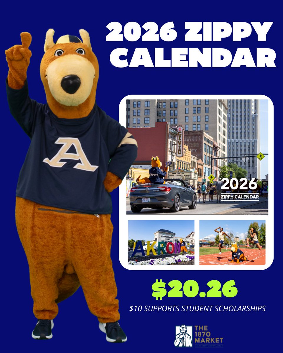 uakronalumni's tweet photo. 🎉🦘💙 Start the new year with some Zips spirit! 💙🦘🎉

No office, kitchen, or desk is complete without the 2026 edition of our famous, printed Zippy Calendar. Each month features everyone's favorite marsupial around campus and in the City of Akron. 

🛒: https://t.co/htGrOelzMX https://t.co/aFrh6yNJhc