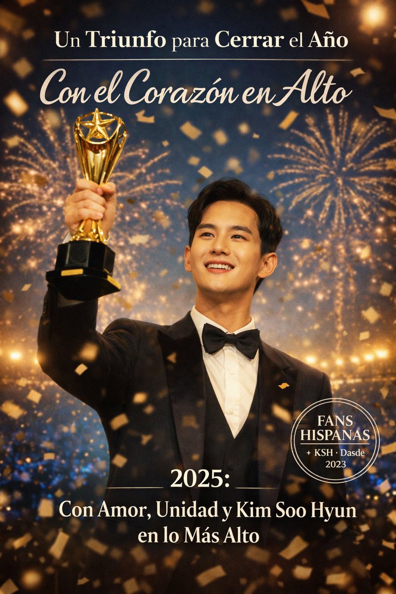 KSHFANSHISPANAS's tweet photo. Cerramos el año con el corazón en alto.
Un triunfo que se siente en la unión y el apoyo de siempre. ✨
#KimSooHyun #KSH #FansHispanas #ConElCorazónEnAlto
#WeStandWithKimSooHyun 
#ProyectoCumpleKSH https://t.co/VU8EuT7z1F