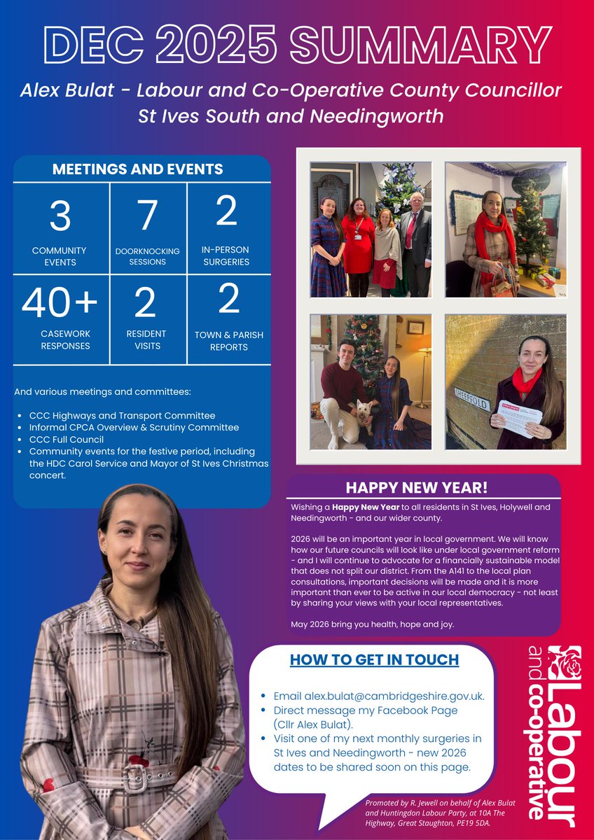 LabourAlexB's tweet image. Happy New Year!

It's the last day of the month, so it's time for the councillor summary.

Wishing a Happy New Year to all residents in St Ives, Holywell and Needingworth - and our wider county. 

2026 will be an important year in local government. We will know how our future…