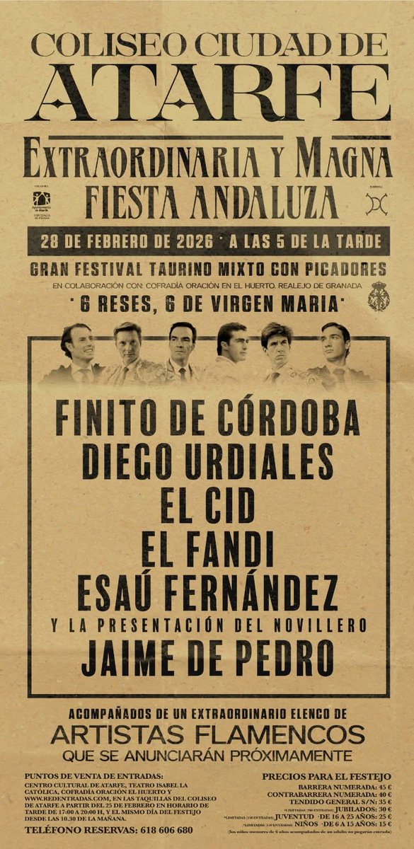 Atarfe <a href="/ppchicote/">Pedro Chicote</a> anuncia el primer festejo del 28F, festival picado y flamenco en Coliseum con novillos de <a href="/ToroVirgenMaria/">Toros Virgen María</a> para <a href="/JSFino/">Juan Serrano Fino</a> de Córdoba, Diego <a href="/urdialesweb/">Diego Urdiales</a>, <a href="/MJElCid/">Manuel Jesús  Cid</a>, <a href="/DFelFandi/">David Fandila</a>, <a href="/EsauFernandez/">Esaú Fernández</a> y el novillero Jaime de Pedro <a href="/portaltaurino/">Portal Taurino</a>