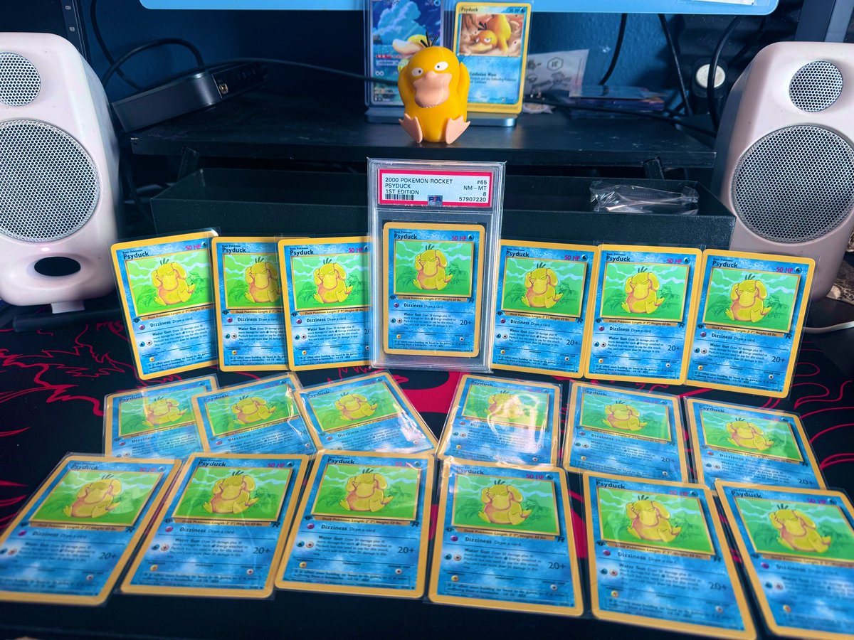 The flock has greatly expanded today. 
+18 raw Psyducks
+1 PSA 8 Psyduck (our first graded one)
Happy New Year’s Eve to my vintage brethren and Pokémon collectors worldwide 🌎💢