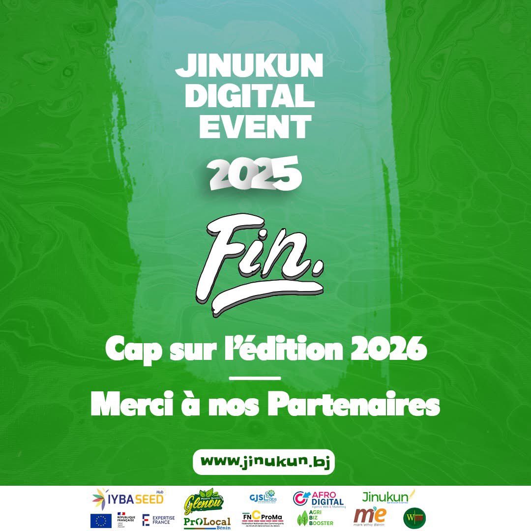 🎊🇧🇯 CLÔTURE OFFICIELLE DU JINUKUN DIGITAL EVENT 2025 🇧🇯🎊

Le JINUKUN DIGITAL EVENT 2025 s’achève après deux semaines riches en échanges.
✨ Rendez-vous en 2026 pour une édition encore plus innovante, plus inclusive et plus ambitieuse !
#Jinukun #JinukunStore #FoireTiwa2025