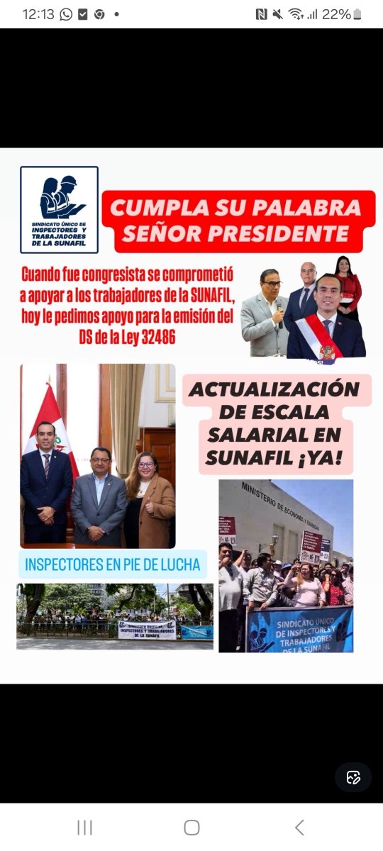 Sr Presidente <a href="/josejeriore/">José Jerí</a> debe emitirse el ds de la escala de <a href="/SunafilPeru/">SUNAFIL PERÚ 🔎</a> es Urgente <a href="/MEF_Peru/">Ministerio de Economía y Finanzas</a> cumplan con los trabajadores que fiscalizan los derechos laborales.