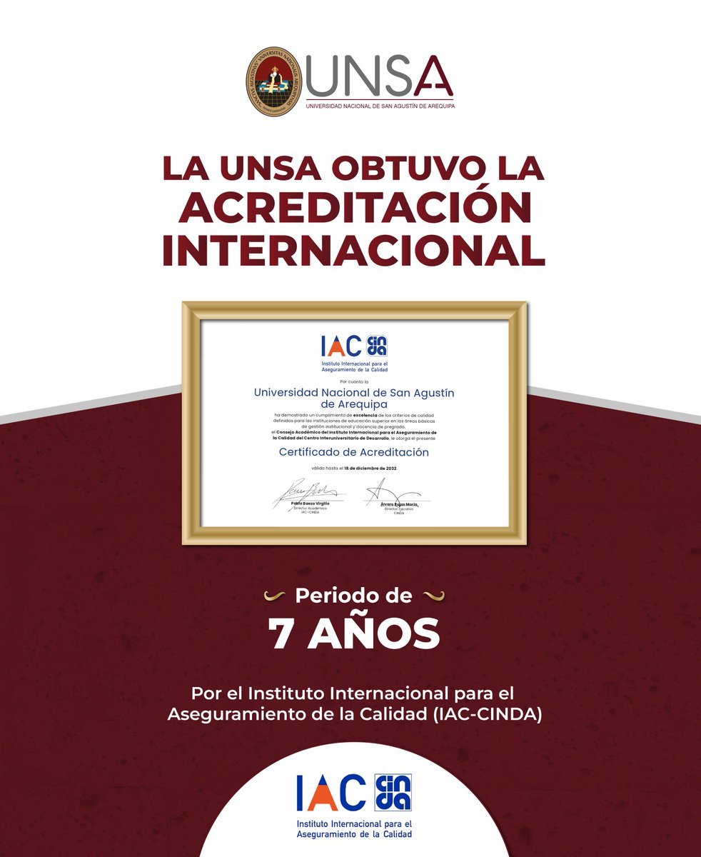 👏 La #UNSA obtuvo la #acreditación internacional por siete años, periodo máximo otorgado por IAC-#CINDA, tras una evaluación que reconoce la solidez de gestión, compromiso de la comunidad universitaria y la sostenibilidad de los procesos académicos.

👉 acortar.link/cAYd1P