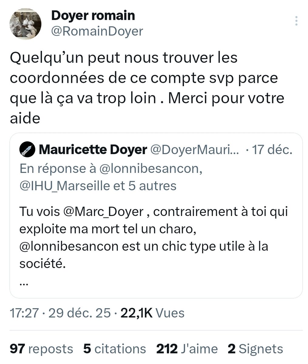 marseille_jeff's tweet image. Le petit monde qui défend Wargon defend ce genre de compte qui usurpe l'identité de la femme défunte de @Marc_Doyer .
Ca parle d'une autopsie rapide "il ne reste plus grand chose". 
C'est le réseau qui a désinformé pendant le COVID. Et c'est eux le camp de la haine. ⤵️