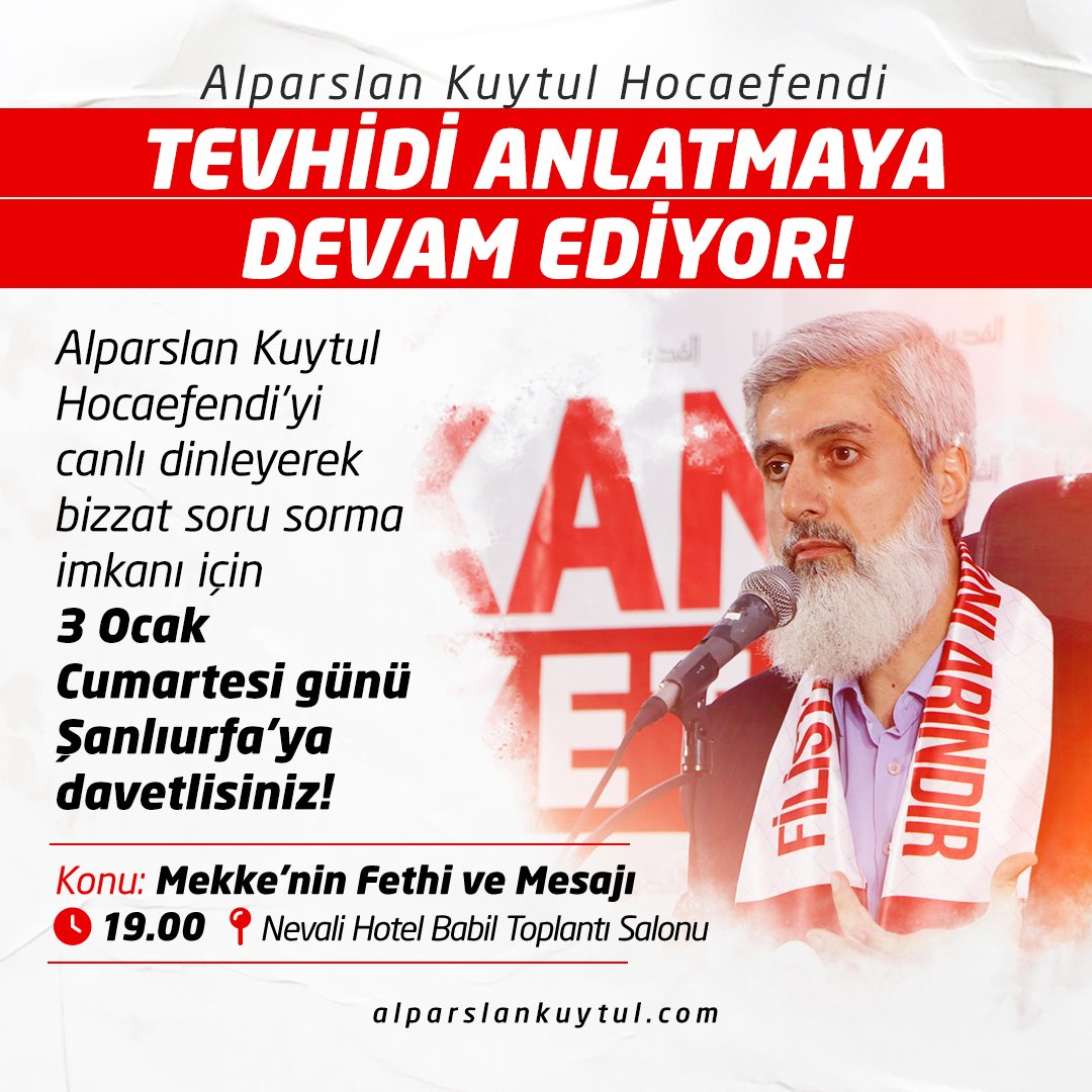 Yoğun kar yağışının yaşandığı Şanlıurfa’da, 3 Ocak’ta Mekke’nin Fethi ve Mesajı konulu,kalplerin ısınacağı güzel bir konferans ile
AlparslanHoca UrfayaGeliyor 

#FurkanKonferansları