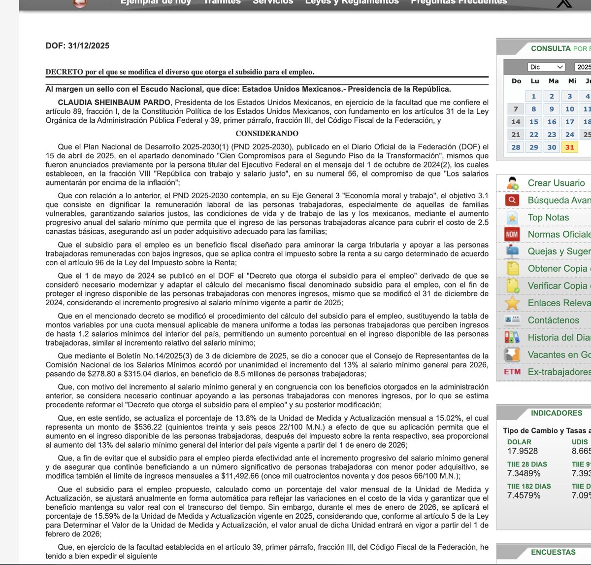 📝DOF: 31/12/2025: DECRETO por el que se modifica el diverso que otorga el subsidio para el empleo. dof.gob.mx/nota_detalle.p…
"...no excedan de $11,492.66 (once mil cuatrocientos noventa y dos pesos 66/100 M.N.), excepto los percibidos por concepto de primas de antigüedad (...)