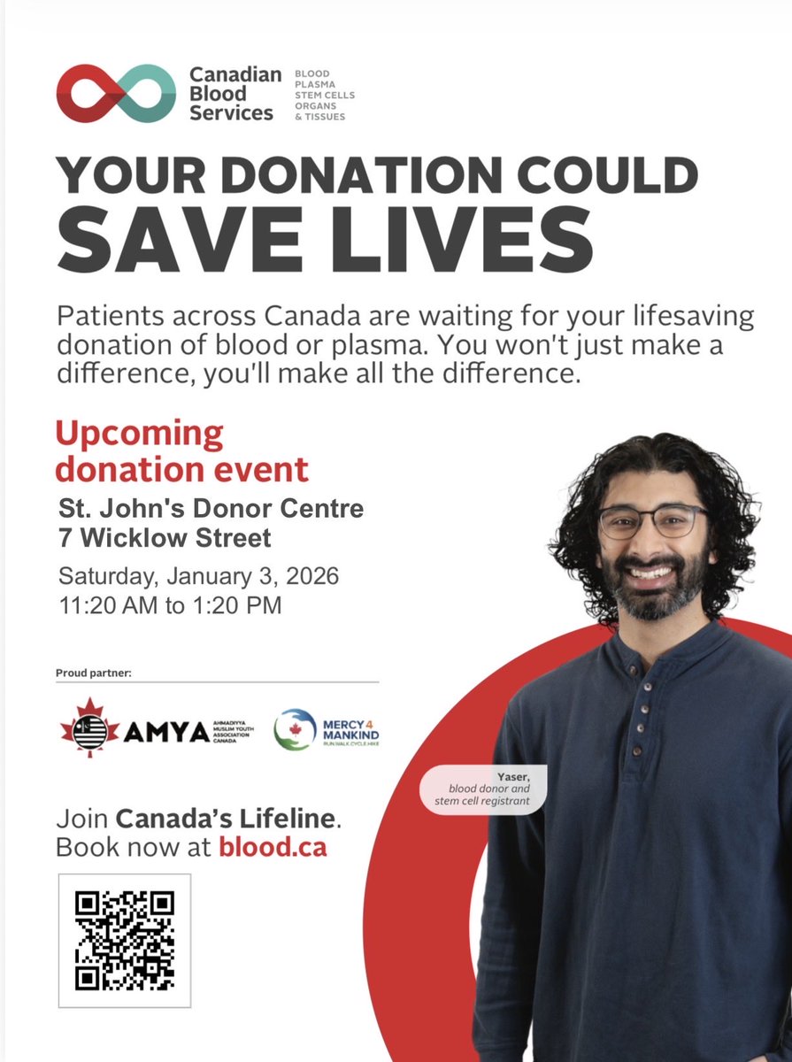 Your donation could SAVE LIVES ❤️
Join us at the upcoming blood donation event in St. John’s and help patients across Canada who are waiting for lifesaving support.
Jan 3, 2026 |11:20 AM 
St. 7 Wicklow st.
#SaveLives  #CanadasLifeline #CommunityService #mercy4mankind