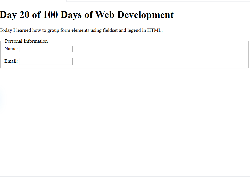 thetechgirlgita's tweet photo. Day (20/100) Web Development Learning Challenge
What I learned today:
1. HTML fieldset and legend tags
GitHub repository: https://t.co/n06mOyWsoX
#100DaysOfCode #WebDevelopment #HTML #Day20 #thetechgirlgita #100daysofchallenge #recentgraduate https://t.co/Qmocxi9l6w