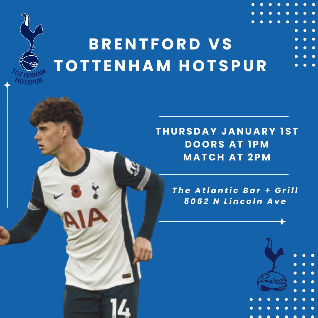 Join us in the new year, tomorrow at the Atlantic!
Doors at 1pm.
Match at 2pm.
#tottenham #thfc #chicagospurs #coys