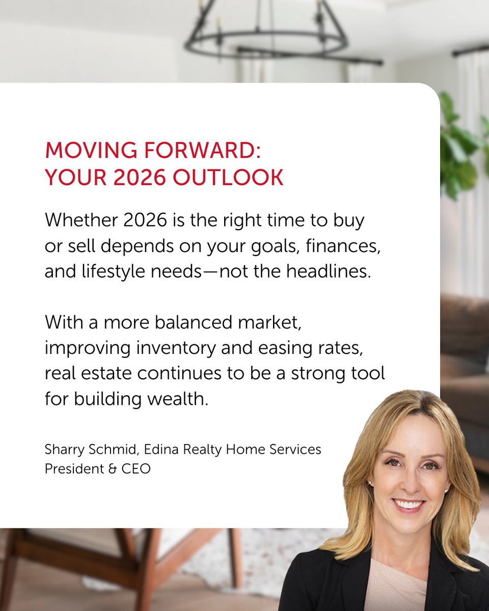 Edina_Realty's tweet image. What can buyers and sellers anticipate from the 2026 real estate market? Our president and CEO, Sharry Schmid, shares her insights on the year ahead! 

Check out the full forecast here: bit.ly/3Y9bghb

#EdinaRealty #MovingForward
