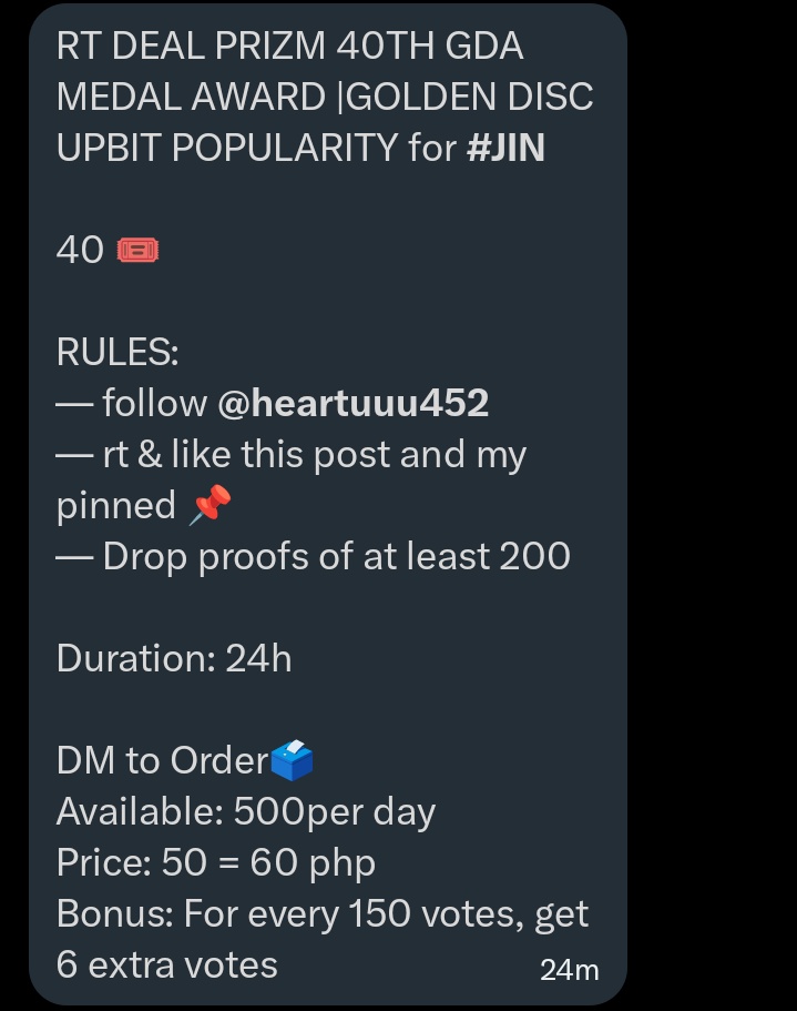 jinnies_luv7's tweet photo. RT DEAL PRIZM 40TH GDA MEDAL AWARD |GOLDEN DISC UPBIT POPULARITY for #JIN

40 🎟️

RULES:
— follow @heartuuu452
— rt &amp; like this post and pinned📌
— Drop proofs of min 200

⏰ 24h

DM to Order🗳️
Available: 500per day
Price: 50 = 60 php
Bonus: For every 150 votes, get 6 extra votes https://t.co/xX6uvW9SLd