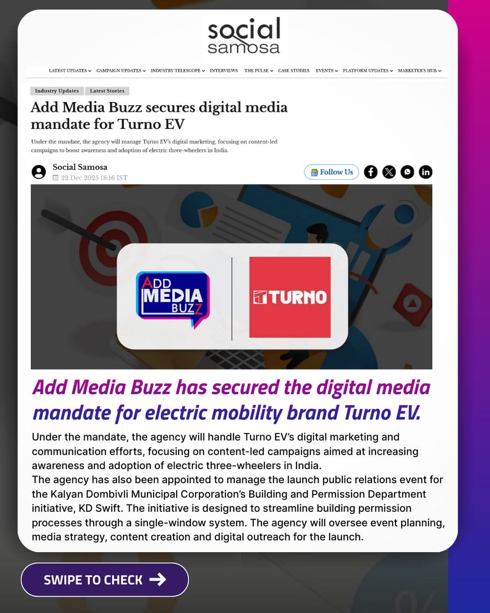 AddMediaBuzz's tweet photo. Marking a strong start to the year, @AddMediaBuzz continues its growth with mandates.From leading the KD SWIFT PR launch for KDMC to winning the Digital Media Mandate for Turno EV.

We thank @Social_Samosa for highlighting this milestone and role of digital marketing agencies. https://t.co/iyyDx4DzwP