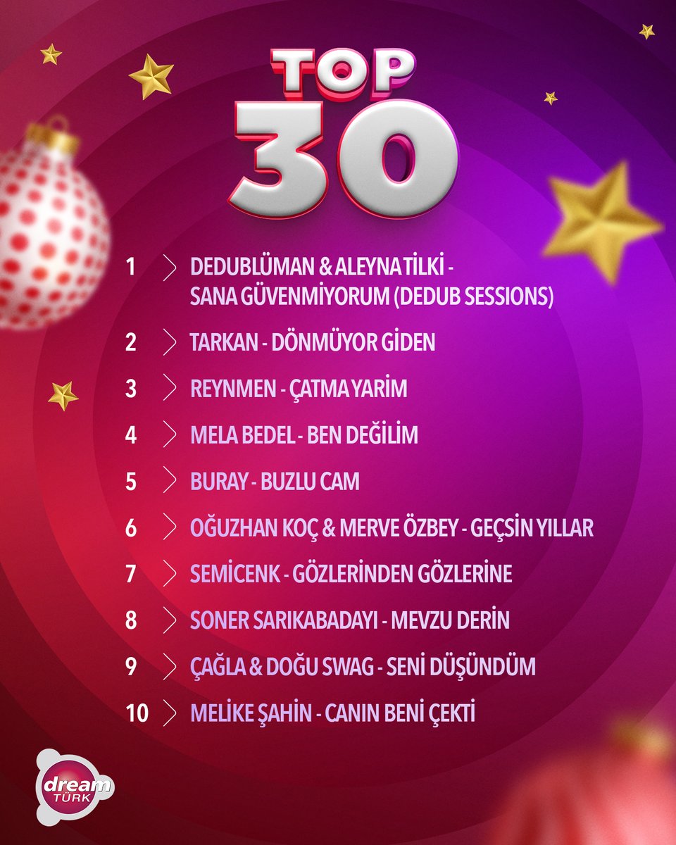 DreamTurk's tweet image. 2025'in en iyi şarkılarından oluşan #Top30 listesi #DreamTürk'te!🎄🔝