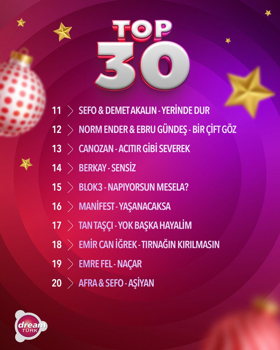 DreamTurk's tweet image. 2025'in en iyi şarkılarından oluşan #Top30 listesi #DreamTürk'te!🎄🔝