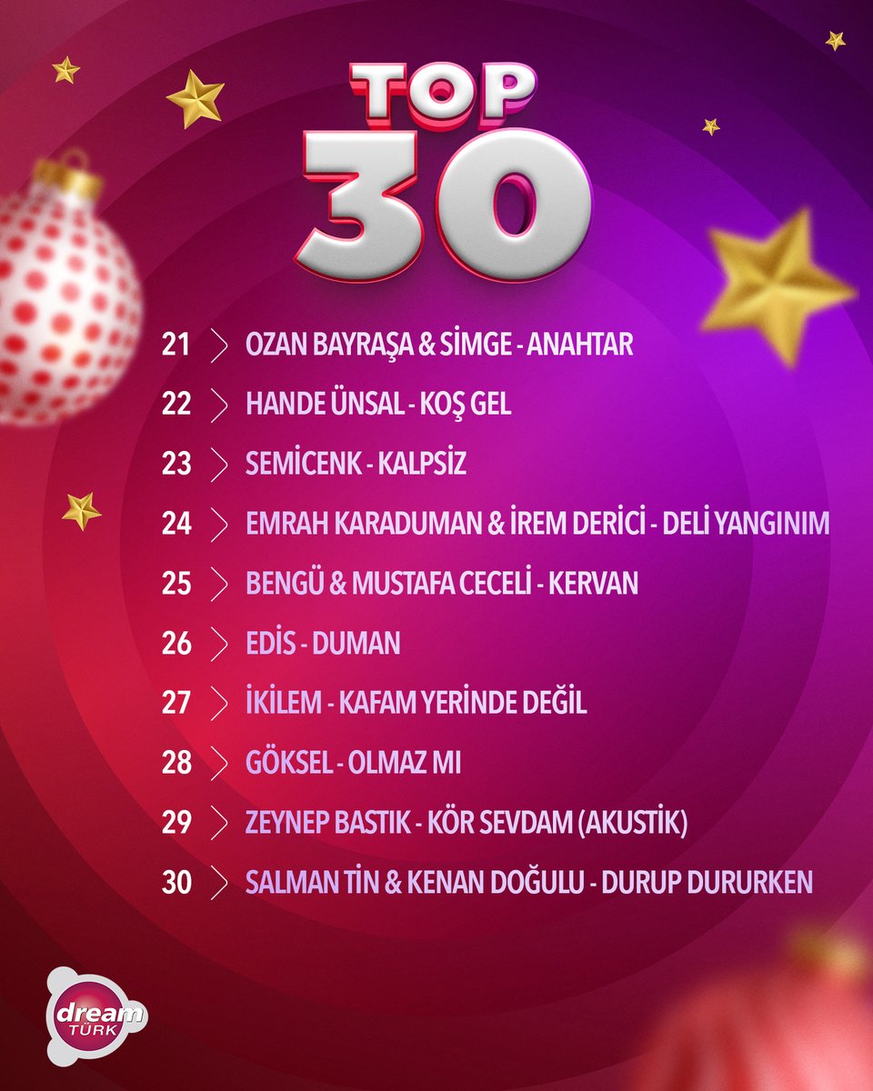DreamTurk's tweet image. 2025'in en iyi şarkılarından oluşan #Top30 listesi #DreamTürk'te!🎄🔝