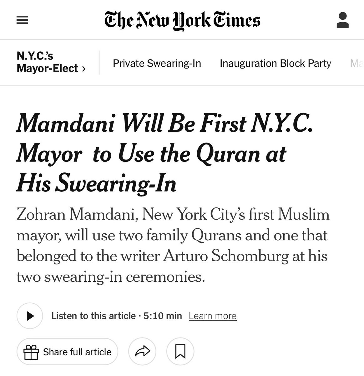 LauraLoomer's tweet image. In case you’re wondering how the Islamic takeover of America is going, ⁦@nytimes⁩ is gushing this morning about how ⁦@ZohranKMamdani⁩ is going to be the first Mayor of New York City to take his oath of office on the Quran.

Disgusting. We are an occupied country!