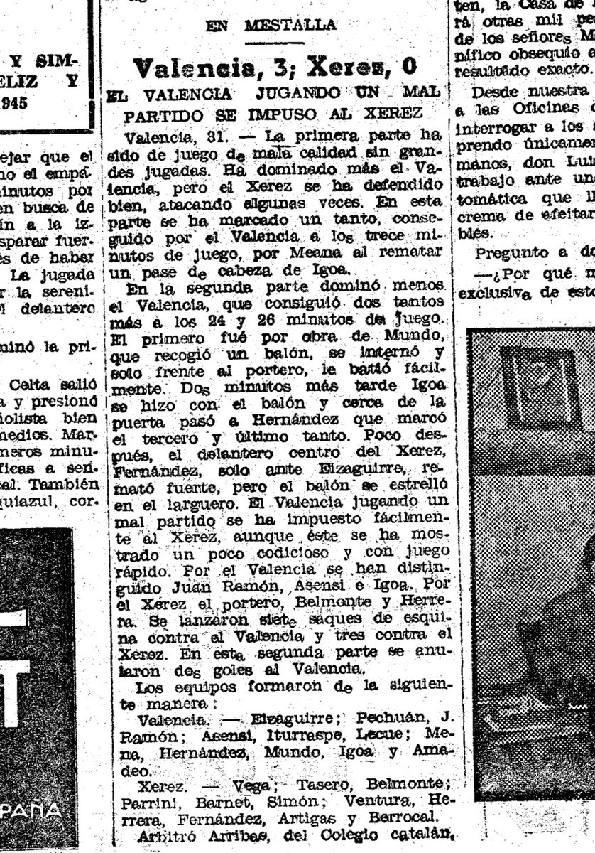 Tal día como hoy en 1944 el Valencia CF comenzaba su andadura en la Copa con una victoria ante el Xerez en Mestalla, en partido de ida de la primera ronda. El resultado final fue 3-0, con goles de Juan Mena, Mundo Suárez y Vicente Hernández.