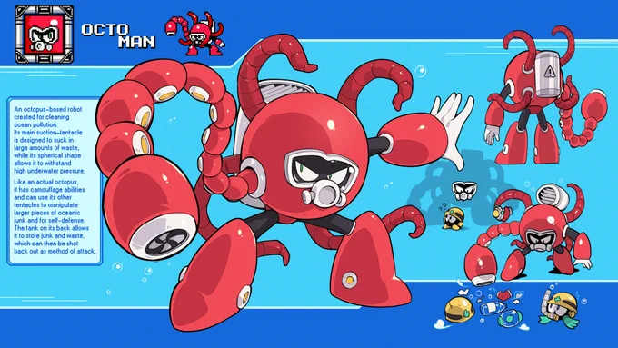Robot Master design contest! Octo Man, an octopus based robot made for cleaning ocean floor pollution, mandatory water level boss! Pen Name: Paroro #MegaManDO #DesignARobotMaster