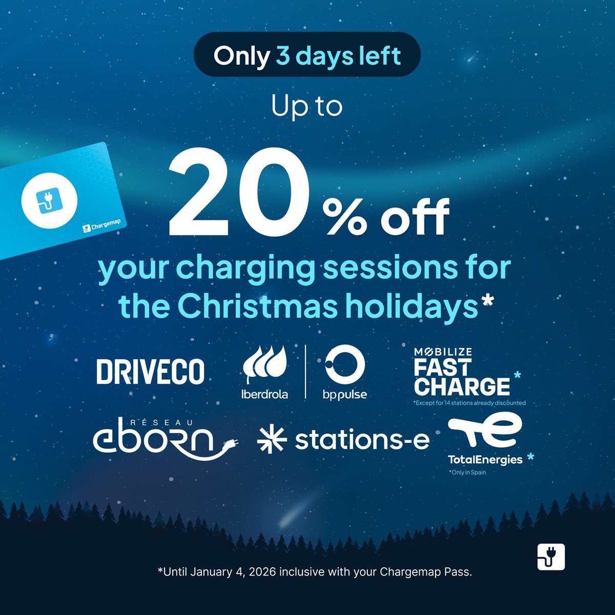 Chargemap's tweet image. ⏱️⚡️ Only 3 days left to save on your end-of-year journeys! 

Until 4 January included, keep enjoying up to 20% off your charging sessions with the Chargemap Pass across 6 partner networks:  

@DRIV_ECO, Iberdrola | bp pulse, @wearemobilizers*, Réseau Eborn, @stations_e and…